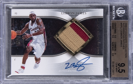 2006/07 "Exquisite Collection" Autographs Patches #APLJ LeBron James Signed Game Used Patch Card (#091/100) – BGS GEM MINT 9.5/BGS 10